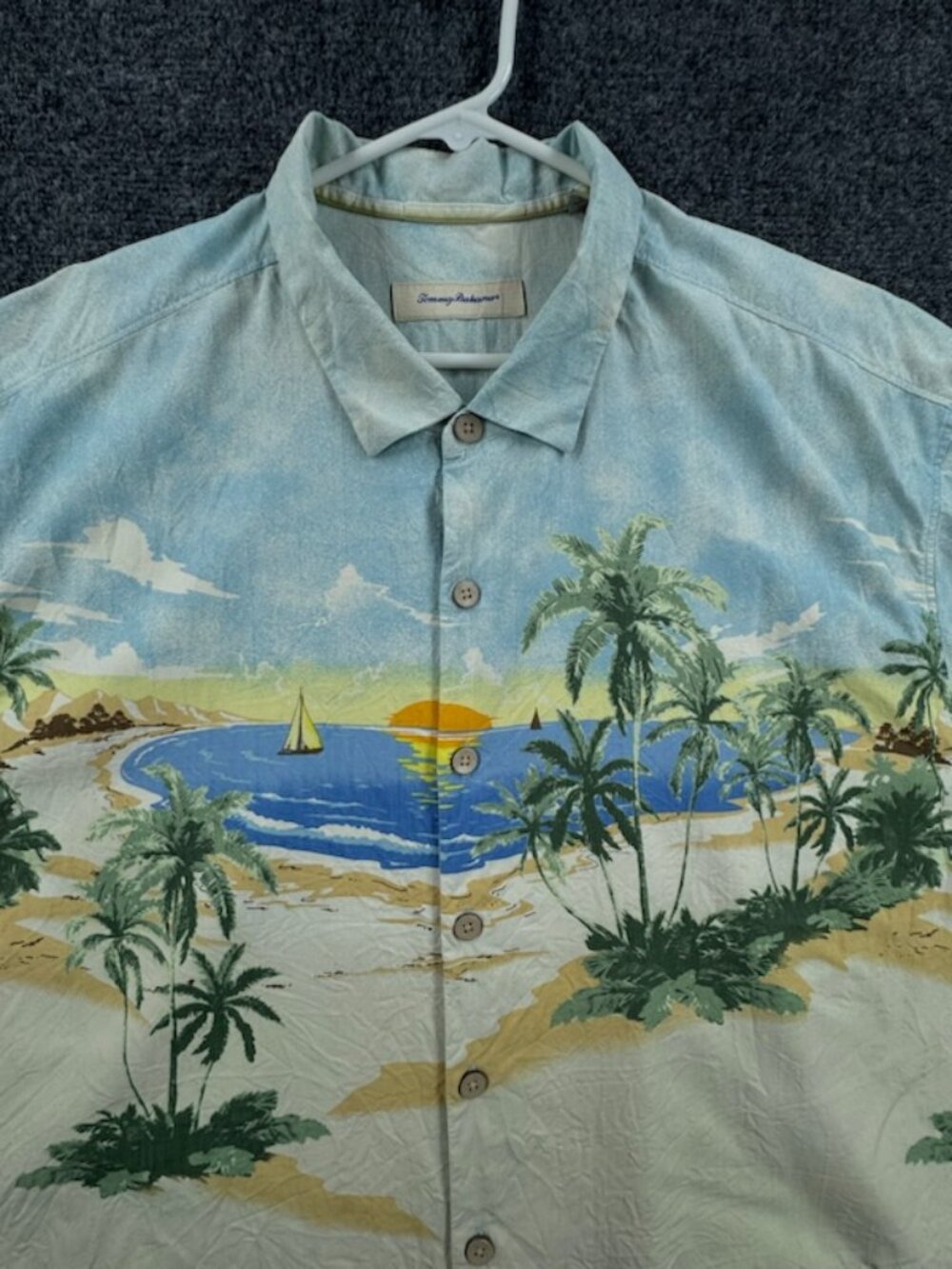 Tommy Bahama Short Sleeve Silk Mens 3XLT Blue Ivory Logo Graphic Beach Shirt
